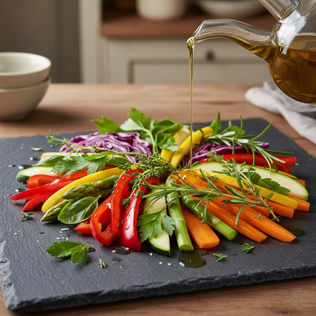 Préparation culinaire soignée avec des légumes colorés, herbes aromatiques fraîches et huile d'olive sur un plan de travail en pierre, lumière naturelle douce