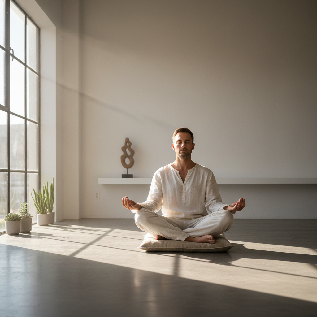 Homme assis en méditation dans une pièce lumineuse épurée, posture sereine, yeux fermés, lumière matinale filtrant par la fenêtre, ambiance de pleine conscience