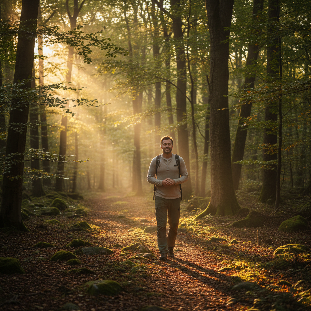 Homme marchant sereinement dans une forêt dense au lever du soleil, lumière chaude filtrant à travers les arbres, ambiance de calme et de pleine conscience