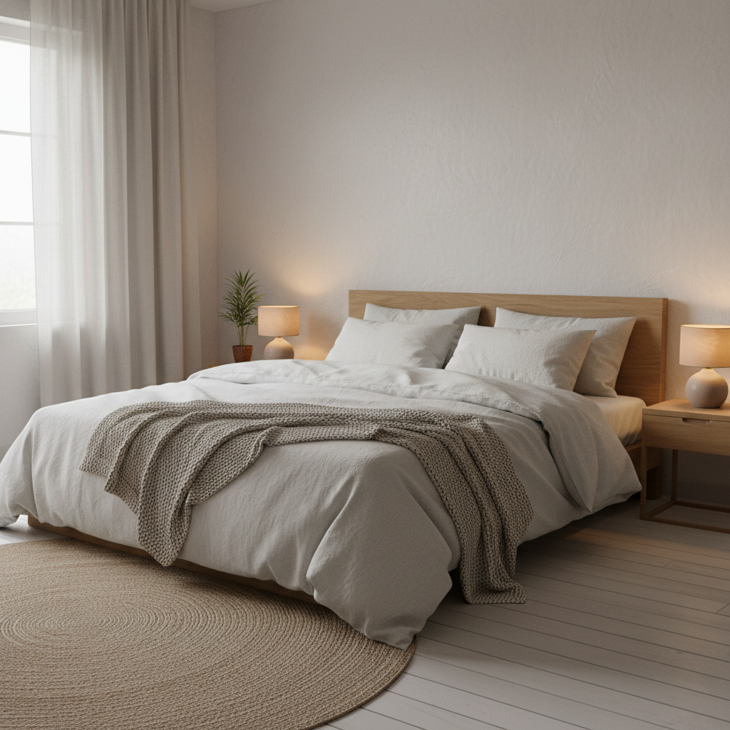 Chambre épurée avec literie naturelle blanche, lumière tamisée d'une fenêtre entrouverte, ambiance de sérénité et de repos profond